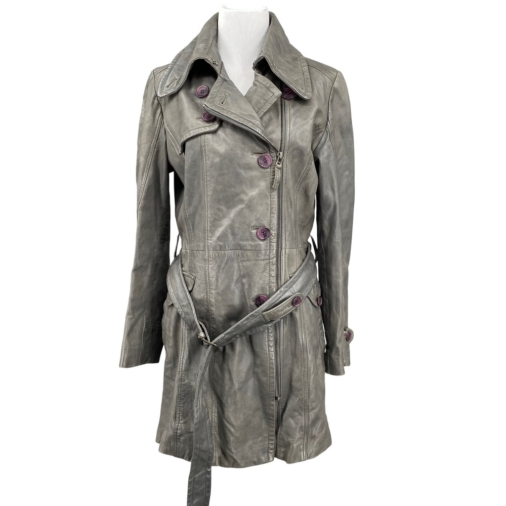 Bod Christensen Grey Leather Belted Trench Coat Womens Size M Lambskin‎ y2k